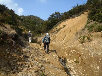 2009年7月の中国・九州北部を襲った集中豪雨で土石流が流れた山口県防府市の谷の現場調査をする八反地さん(奥)と研究室の学生。この谷の下流に国道があり、大きな被害をもたらした。